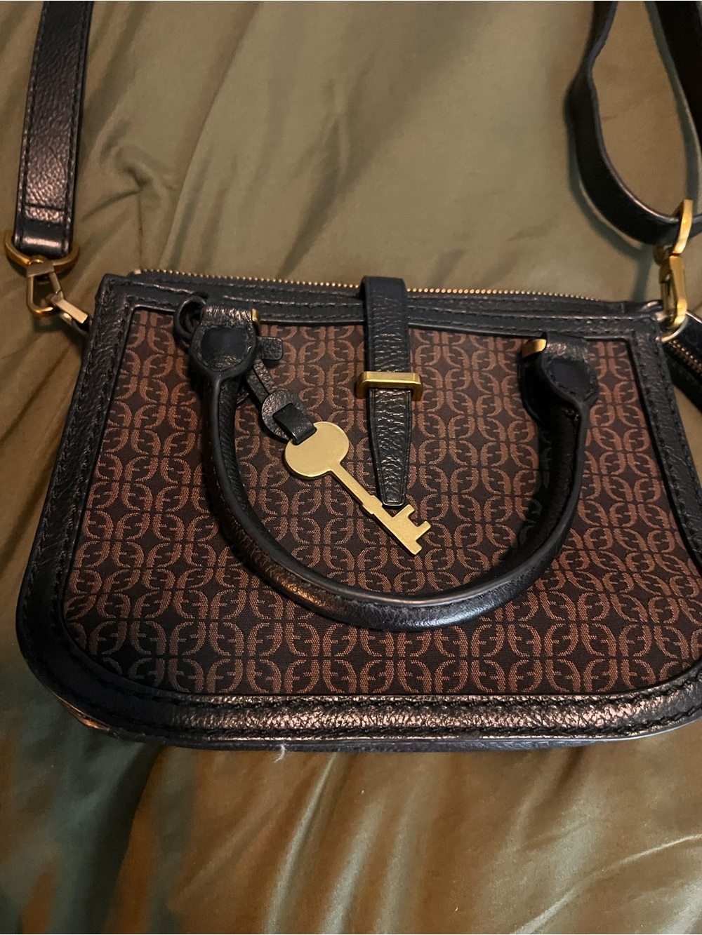 Fossil Brown Monogram Crossbody with Black Trim and Gold Key Charm